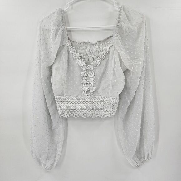 White medium sheer puff sleeve balloon long sleeve short crop top flowers bride - Picture 1 of 4
